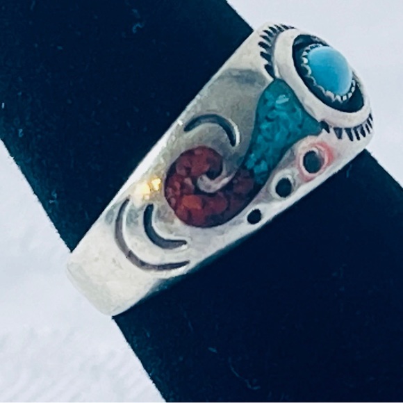 Roie Jaque Navajo Handmade Ring 925 Silver Blue Turquoise & Coral - Sz 7.25 - Picture 2 of 5